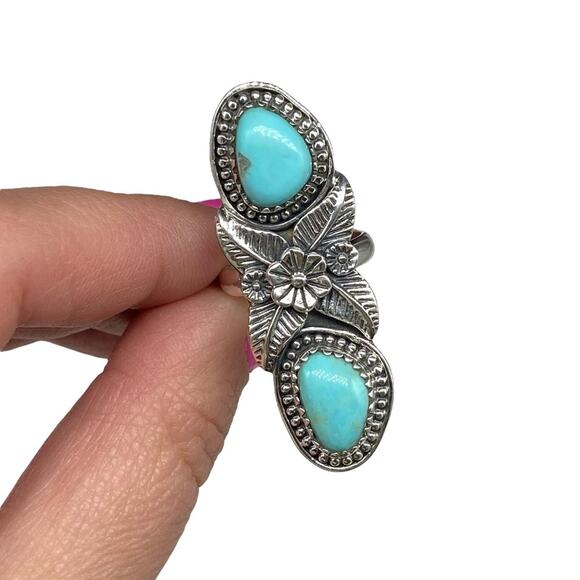 Campitos Turquoise Ring Size 6.5 Solid Sterling Silver 925 Natural Stone Flower - Picture 4 of 10